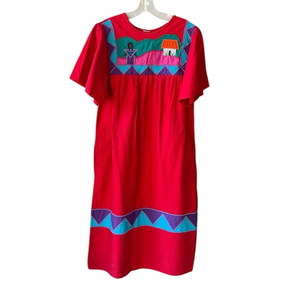 Vintage 70’s Cotton Guatemala Hand Made Red Dress Patchwork Sz M-L